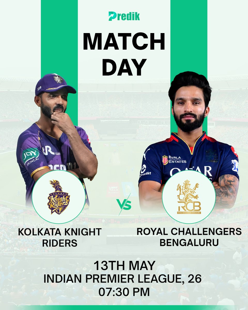 predik_official's tweet photo. KKR 🆚 RCB — aaj ka ultimate cricket showdown! 🔥🏏
Kolkata ka fearless attack ya Bengaluru ki batting power — kiski hogi aaj jeet? 👀🤔
#KKRvsRCB #IPL2026 #KolkataKnightRiders #RCB #MatchDay #CricketFever #Predik #PlaySmart #WinningChance #HighVoltageMatch https://t.co/yQye3sGjuW