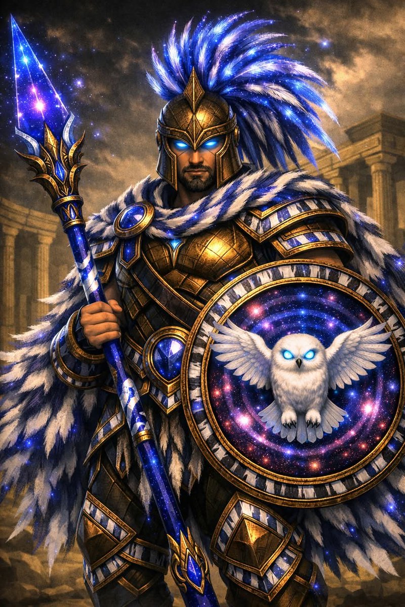 BabyBuuTen's tweet photo. A cosmic guardian concept in which co pilot helped me craft :D (i can't draw lol) inspired by Ancient Greek Spartans and the spirit guides of a the white owl and white tiger (hence the cape which actually goes with the Greek colors blue and white! :D) https://t.co/RAS7lkXpPs