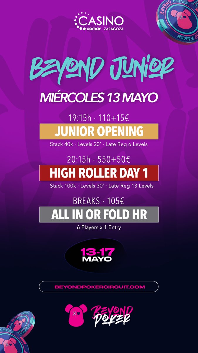 Beyond_Poker's tweet photo. 🔥 Arranca Beyond Junior Zaragoza 🔥

Hoy comienza la acción en @CasinoZaragoza  con el Día 1 de esta nueva parada Junior 💥

⏲️ Hoy:

Junior Opening → 19:15h
High Roller Day 1 → 20:15h

📅 13 al 17 de mayo
📍 Casino Zaragoza
Primera en Zaragoza… ♠️

#Beyond #BeyondJunior https://t.co/Zz46YczMkf