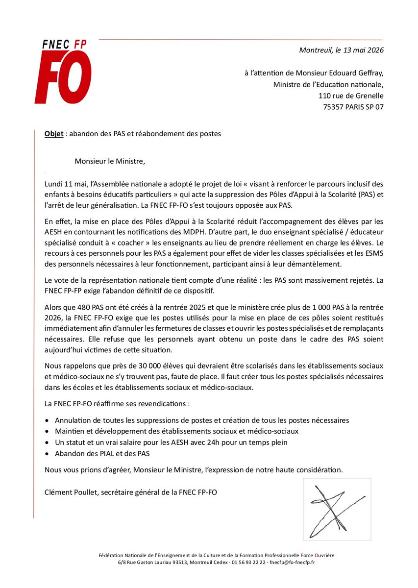FnecFpFO's tweet photo. La loi sur l'école inclusive a été adoptée le 11 mai. L'article visant à généraliser les Pôles d'Appui à la scolarité a été battu et supprimé.
La FNEC FP-FO écrit au ministre : 
👉 Abandon des #PAS ! 
👉 Réabondement des postes ! https://t.co/3KYg8PESpC