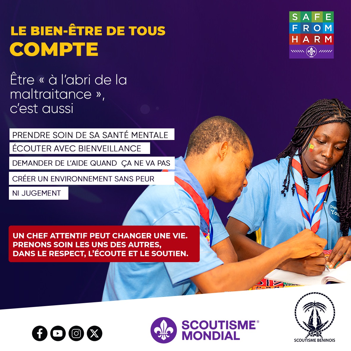 ScoutsBenin's tweet photo. 💚 Être «à l’abri de la maltraitance», c’est aussi prendre soin du bien-être mental et émotionnel des jeunes et des responsables.
✔️ Écouter avec bienveillance
✔️ Demander de l’aide au besoin 
✔️ Créer un espace sans peur ni jugement
Un chef attentif peut changer une vie. ⚜️ https://t.co/caFVJH3LQx