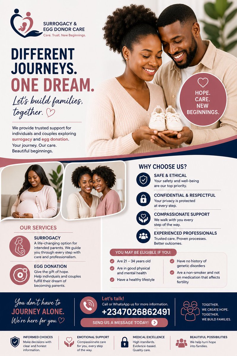AbjIVF_Surogacy's tweet photo. Different journeys. One dream.

We provide trusted support for individuals and couples exploring surrogacy and egg donation with care, professionalism, and confidentiality.

📞 Call/WhatsApp: +2347026862491 

#CareToCreateFamilies #GiftOfFamilyNG #guftoffamilyNG #Abuja https://t.co/4H65JIN5rt
