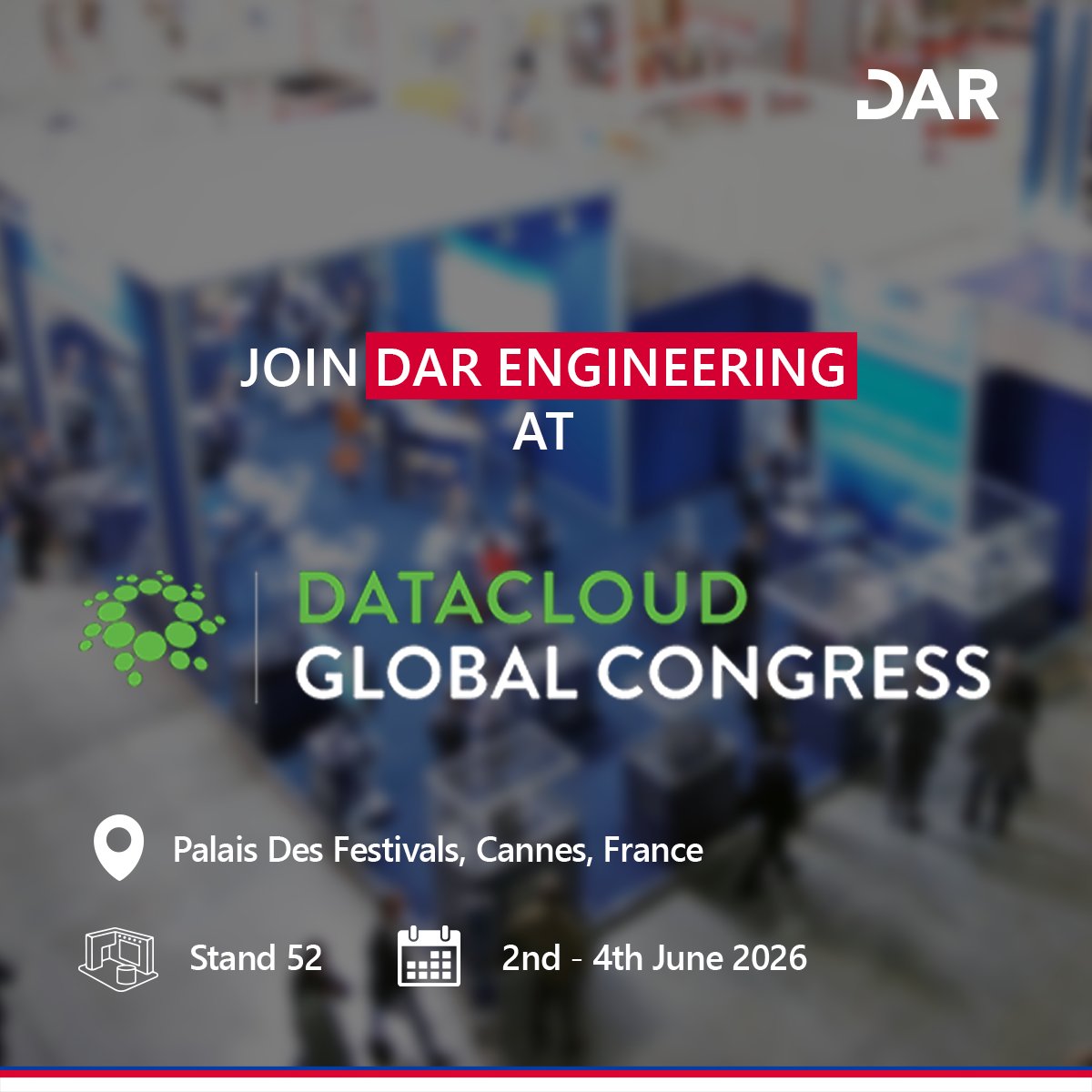 DarEngineering's tweet photo. In just three weeks, DAR ENGINEERING will be at the Datacloud Global Congress.

Make sure to add us to your event itinerary!
 
Location: Palais des Festivals et des Congrès, Cannes, France
Date: 2–4 June 2026
See us at: hashtag#Stand52 https://t.co/iJzjhMYmzd