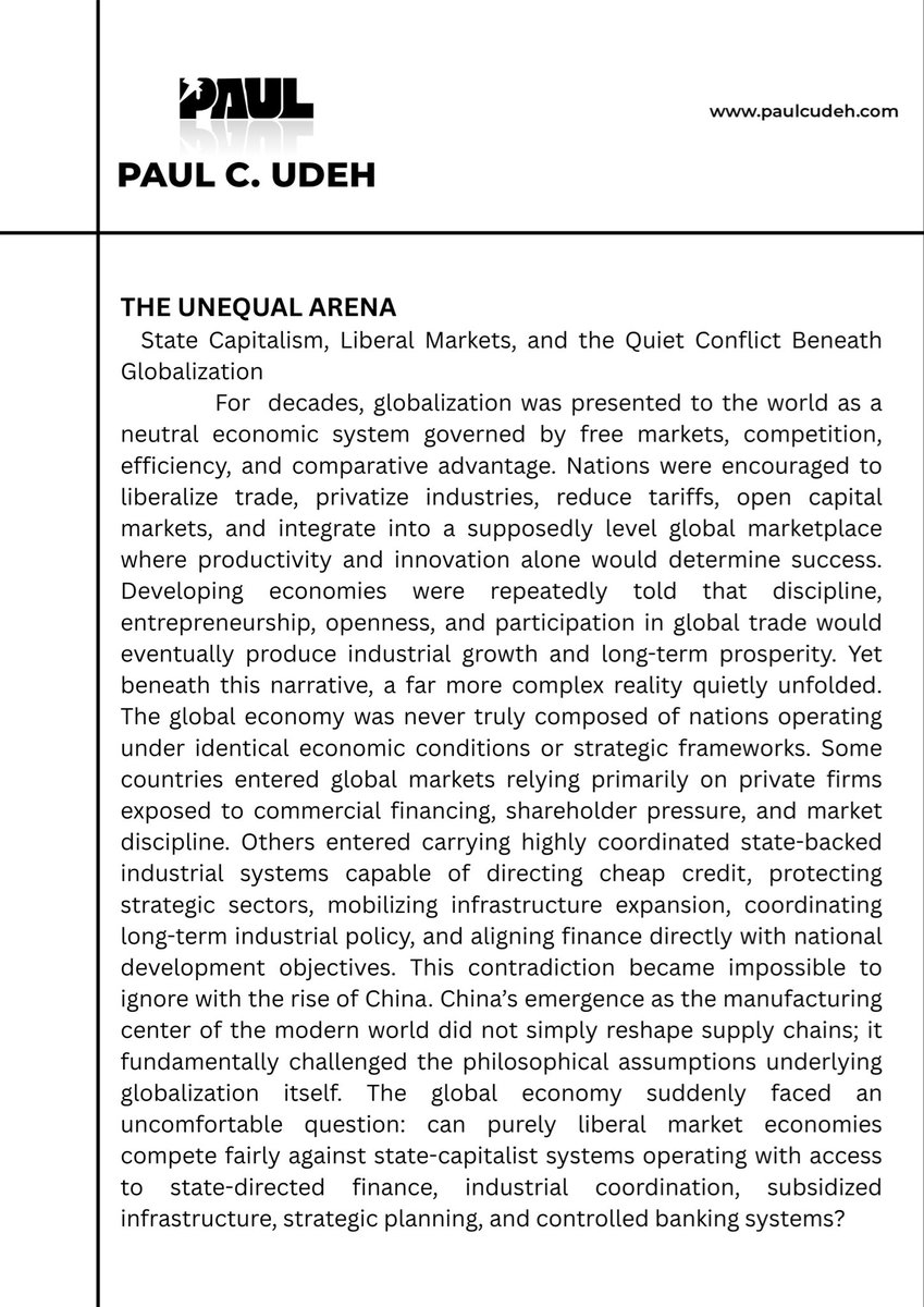paulcudeh's tweet photo. The modern global economy is often presented as a neutral arena governed by competition, efficiency, and comparative advantage. In practice, the field is rarely equal. Capital structure, state coordination, and strategic financing shape outcomes as much as productivity itself. An industrial firm in a high-interest economy can enter the same global market as one in a subsidized low-cost system, yet they are not competing under the same financial architecture.

This distinction matters profoundly for sectors such as maritime infrastructure, dredging, shipbuilding, logistics, and heavy industry, where scale depends on long-term capital and infrastructure support. Ports, shipping lanes, industrial corridors, and freight systems are not built by market narratives alone; they are built by coordinated finance, industrial planning, and strategic patience. The cost of capital often determines whether a nation participates in global trade as a producer or remains a downstream consumer.

The future of economic sovereignty will depend less on slogans about open markets and more on whether nations can build domestic systems capable of financing industry, protecting strategic sectors, and controlling trade infrastructure. Globalization rewards efficiency, but structural power determines who captures lasting value.

@paulcudeh @afnecon @panuel

#Panuel #PanuelGroup #PaulCUdeh #Afnecon #AfricanEconomicGlobalisation #EconomicNationalism #Industrialization #BlueEconomy #MaritimeEconomy #ShippingLogistics #GlobalTrade #Infrastructure #SupplyChains #IndustrialPolicy