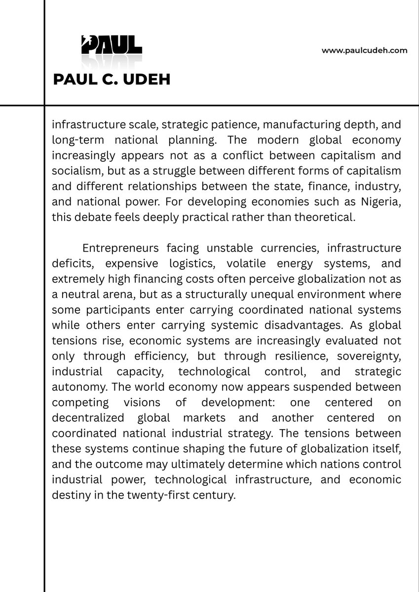 paulcudeh's tweet photo. The modern global economy is often presented as a neutral arena governed by competition, efficiency, and comparative advantage. In practice, the field is rarely equal. Capital structure, state coordination, and strategic financing shape outcomes as much as productivity itself. An industrial firm in a high-interest economy can enter the same global market as one in a subsidized low-cost system, yet they are not competing under the same financial architecture.

This distinction matters profoundly for sectors such as maritime infrastructure, dredging, shipbuilding, logistics, and heavy industry, where scale depends on long-term capital and infrastructure support. Ports, shipping lanes, industrial corridors, and freight systems are not built by market narratives alone; they are built by coordinated finance, industrial planning, and strategic patience. The cost of capital often determines whether a nation participates in global trade as a producer or remains a downstream consumer.

The future of economic sovereignty will depend less on slogans about open markets and more on whether nations can build domestic systems capable of financing industry, protecting strategic sectors, and controlling trade infrastructure. Globalization rewards efficiency, but structural power determines who captures lasting value.

@paulcudeh @afnecon @panuel

#Panuel #PanuelGroup #PaulCUdeh #Afnecon #AfricanEconomicGlobalisation #EconomicNationalism #Industrialization #BlueEconomy #MaritimeEconomy #ShippingLogistics #GlobalTrade #Infrastructure #SupplyChains #IndustrialPolicy