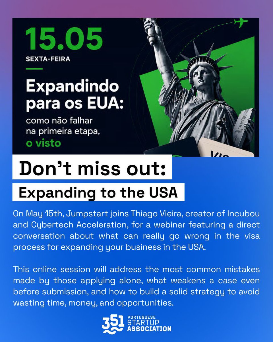 Startup351's tweet photo. Expanding to the US? 🇺🇸
The visa process is where many founders get stuck.

On May 15, Jumpstart + Thiago Vieira (Incubou) + Cybertech Acceleration break down what can go wrong - and how to avoid it.

Register here: https://t.co/vbA8dqJoSv

#Startup #Expansion #US #Founder https://t.co/pJwr56GNQD