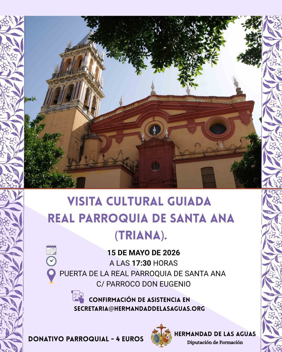 hdadlasaguas's tweet photo. ACTIVIDAD | VISITA A LA REAL PARROQUIA DE SANTA ANA.

Recordamos que desde  la Diputación de Formación se llevará a cabo una visita cultural guiada a la Real Parroquia de Santa Ana (Triana). https://t.co/XTfpR0w7tu