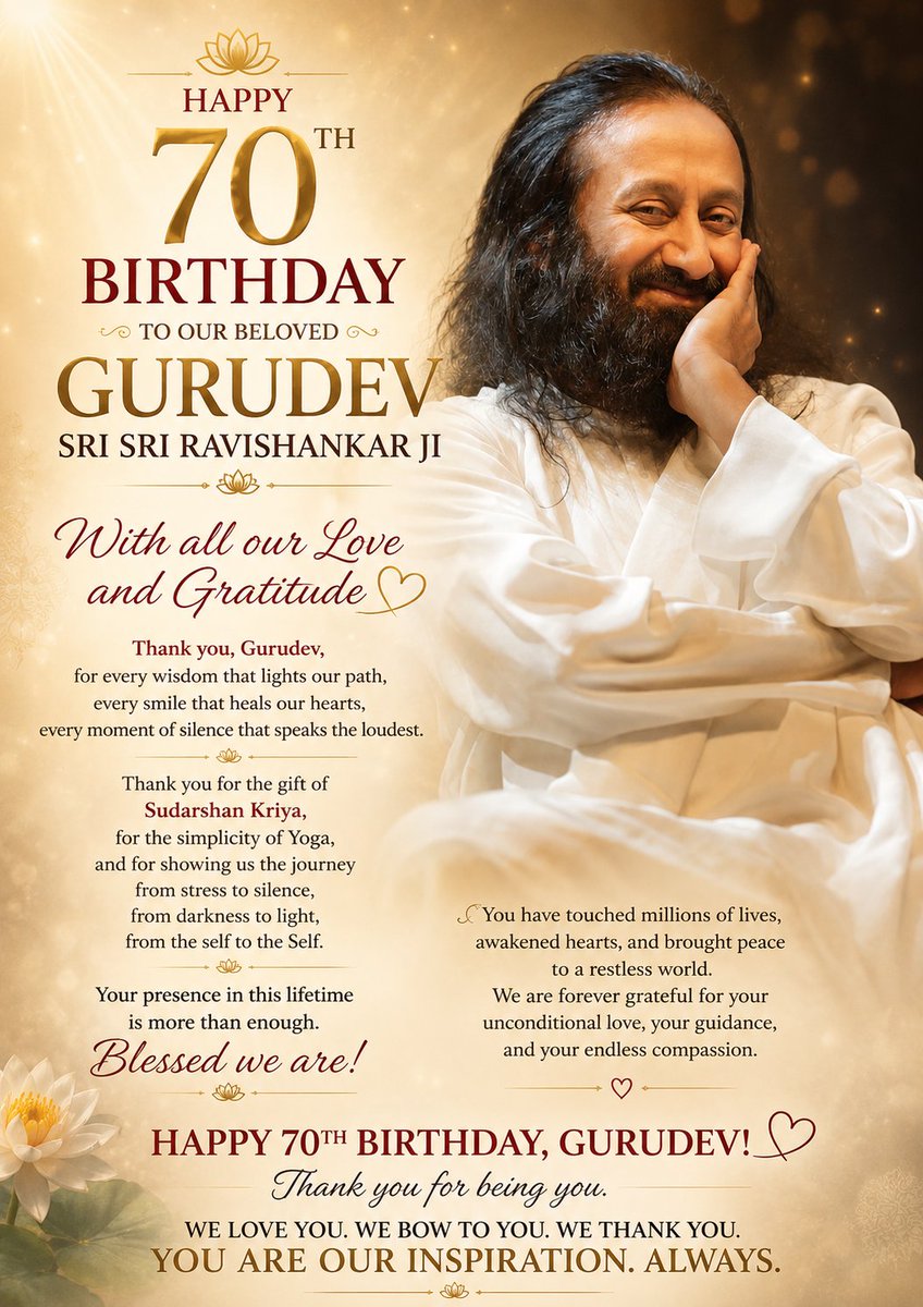 aolvictory's tweet photo. Thank you Guruji for every wisdom that lights our path, 
every smile that heals our heart, 🤗
every moment of slience that speaks the loudest 💞💞🙏🌺🎂 
Thank you for being you ! 
Gurudev Sri Sri Ravi Shankar 
#Gurudev70
 #artofliving45years 
@Gurudev https://t.co/FJO6ttMI2D
