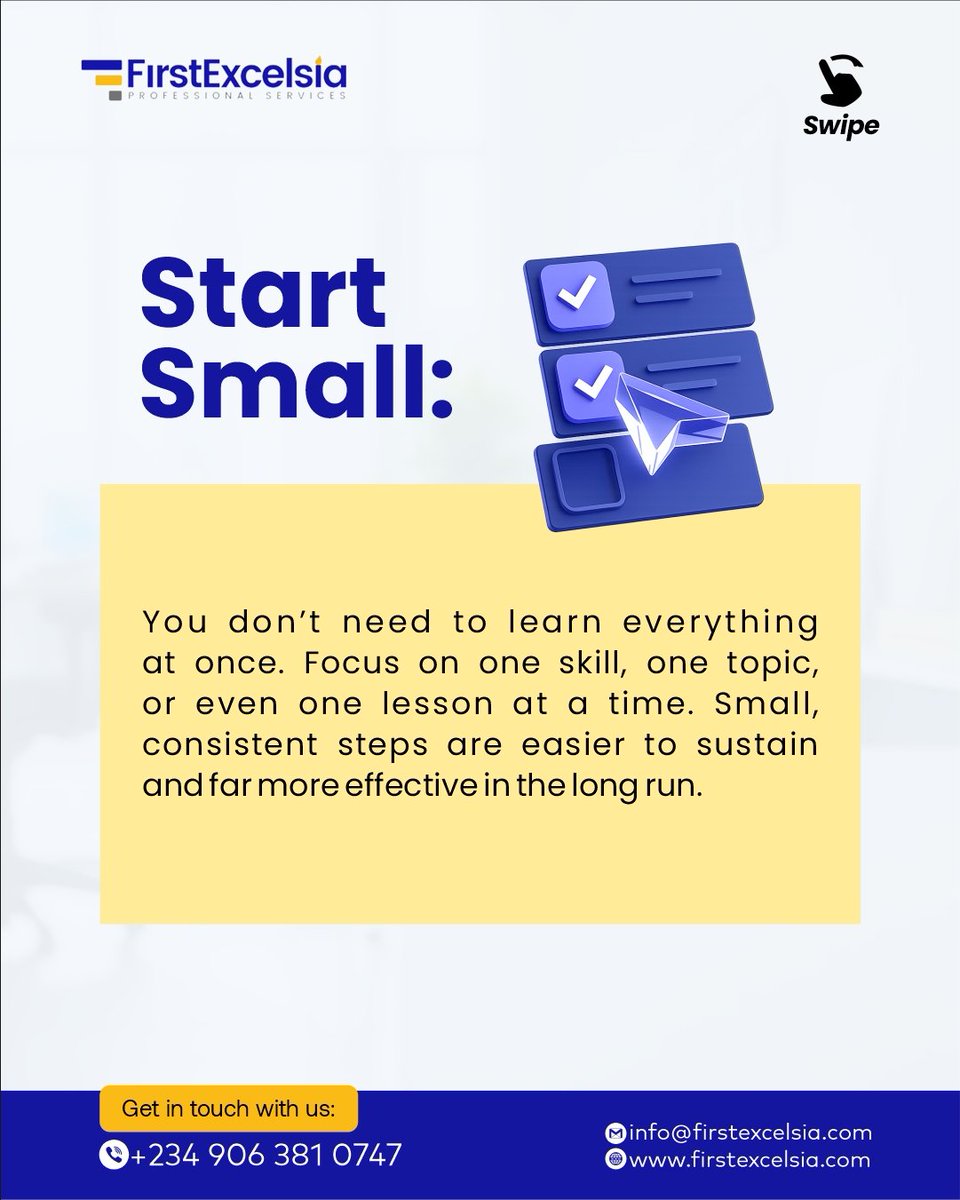 First_Excelsia's tweet photo. You don’t need to do everything at once to get ahead.
A little progress every day will always beat occasional bursts of effort.

Learn smart. Stay consistent. Apply what you learn.
That’s how real growth happens. 📈

#FirstExcelsia
#Upskill
#ProfessionalGrowth https://t.co/XWfqbYmxTt