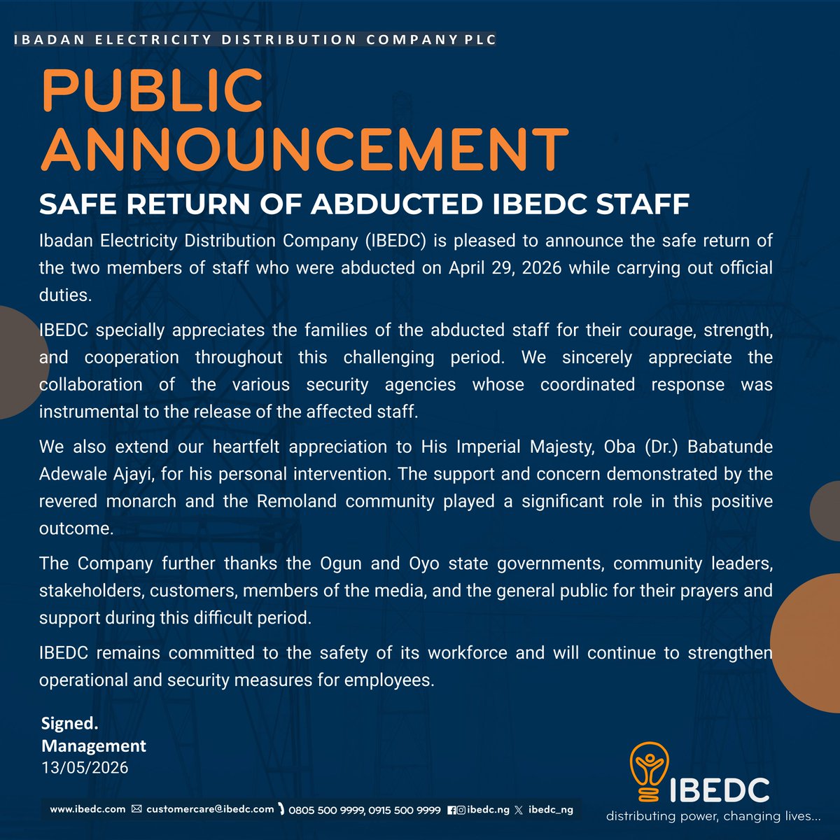 IBEDC_NG's tweet photo. Update on abducted IBEDC staff: We are pleased to confirm the safe return of the two members of staff abducted while carrying out official duties. #IBEDC @OyoNews1 @Oyoaffairs @connectIBADAN https://t.co/xbjydv4TNF