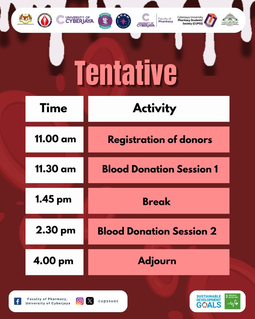 cupssuoc's tweet photo. [Lifeblood Drive 2026 🩸: Event Tentative]

Salam and greetings, Pharmily!

We are excited to invite you to Lifeblood Drive 2026, a meaningful event organized by the Cyberjaya University Pharmacy Students' Society (CUPSS) in collaboration https://t.co/NGab6rw8iR