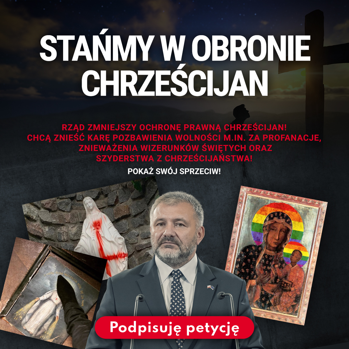 OrdoIuris's tweet photo. 🚨 Rząd chce znieść karę więzienia za obrazę uczuć religijnych. To zielone światło dla profanacji!
Od 2020 roku aktów chrystianofobicznych wciąż jest coraz więcej. Zamiast wzmocnić ochronę – władza chce ją zlikwidować.
Nie zgadzamy się na to! Podpisz petycję!
👉 https://t.co/bHiBnDsG2k