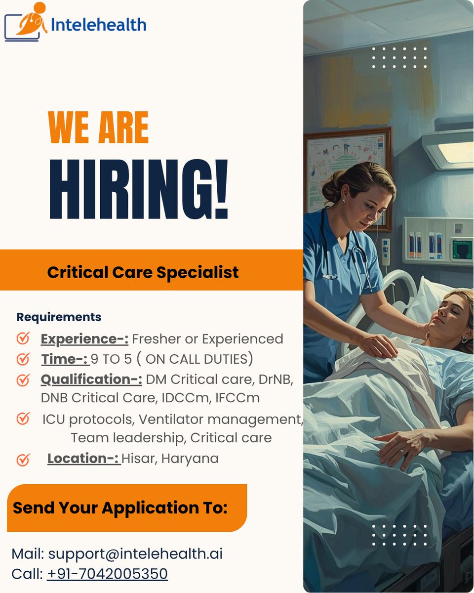 CLUE_Courses's tweet photo. 🏥 WE'RE HIRING! Critical Care Specialists needed in Hisar, Haryana. Experience with ICU protocols, ventilator management &amp; team leadership required. Apply: support@intelehealth.ai | +91-7042005350 #Hiring #HealthcareJobs https://t.co/L6OETZnCFI