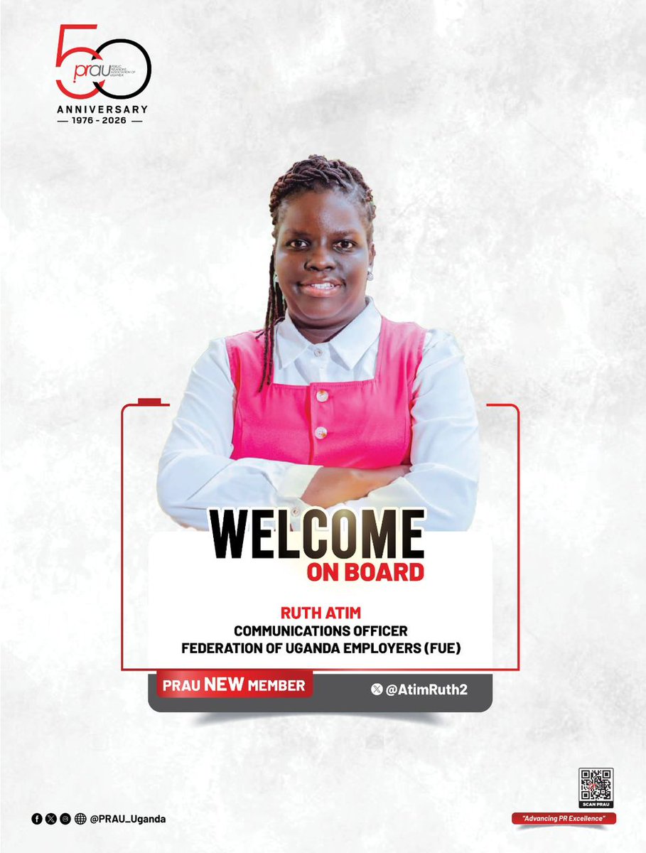 PRAU_Uganda's tweet photo. #NewMemberAlert: We are PRAU-d to welcome @RuthAtim, Communications Officer at the Federation of Uganda Employers, to Uganda’s leading association of communications professionals.

With over seven years of experience, Ruth has built an impressive career in corporate and strategic communications, digital marketing, content development, social media management and brand positioning.

She is a passionate advocate for transformational leadership, professional growth and women’s empowerment. 

Her leadership journey has been strengthened through the Female Future Leadership Program and Malkia leadership courses, and her commitment to empowering women and girls continues through her work toward establishing the Ot Me Gen Foundation in Nwoya District.

Ruth is also the Co-founder of Meraki Events Ltd, a company offering corporate event planning, photography, videography, car hire and ushering services.

We are excited to have Ruth as part of the PRAU family and look forward to her contribution to strengthening Uganda’s communications profession.

Welcome aboard, Ruth!

#PRAUAt50
#AdvancingPRExcellence