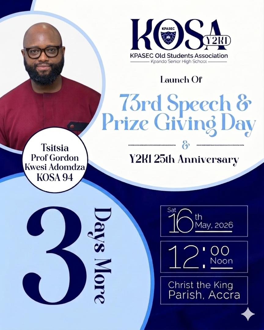 kosaglobal's tweet photo. KPASEC @ 73: GRAND LAUNCH!
We have only 3 days left.
TSITSIA Prof. Gordon @DrGKAdomdza will be in attendance.

Saturday, May 16, 2026
Christ The King Parish 
12 noon.

Don't be left out.
#Tsitsiawo 
#LuxEtVeritas https://t.co/BgZIobUVZq