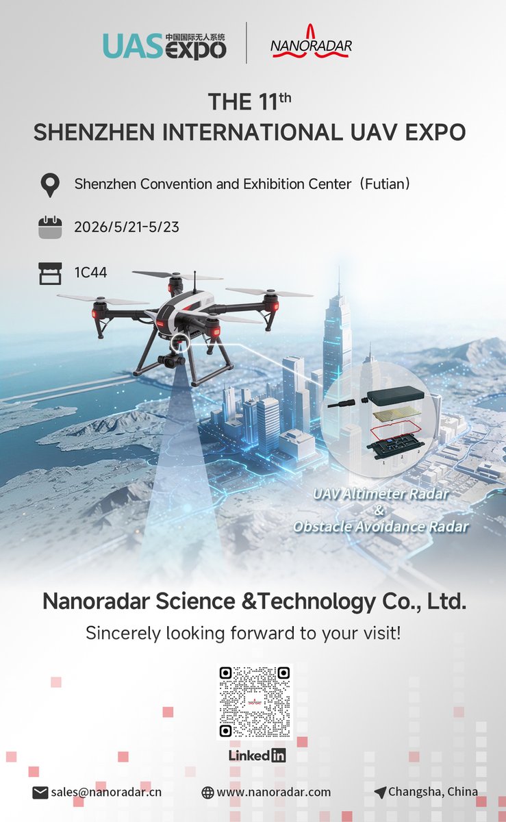 NanoRadarTech's tweet photo. Join Nanoradar at the 11th Shenzhen International UAV Expo!
📍 Booth 1C44 | May 21–23, Shenzhen Convention &amp; Exhibition Center
Discover our UAV altimeter &amp; obstacle avoidance radars for smarter, safer flights.
#Nanoradar #UAVExpo #ShenzhenUAVExpo #DroneRadar #UAVTechnology https://t.co/tS1YRWOuux