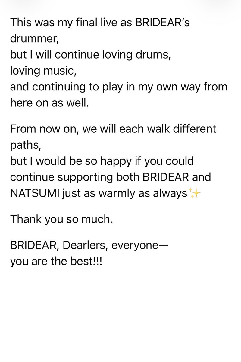 NATSUMiHareonna's tweet photo. I spent 7 years performing as the drummer of BRIDEAR‼︎
Thank you all so much for all your kindness and support throughout the years‼︎ https://t.co/gfP6iioWvL