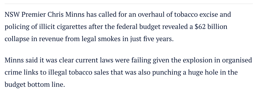 Minns is dead right. Probably the biggest failure of the current government  (tussling with NDIS blowouts) is the absolute mess of tobacco excise (first  highlighted by @ChrisEconomist). The federal government has its