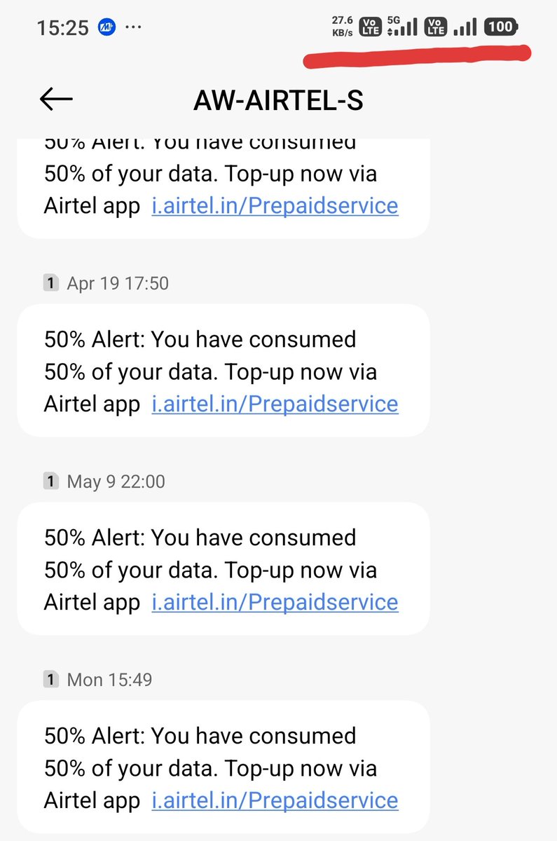 mbdakshay's tweet photo. @airtelindia @Airtel_Presence even in 5G network area, and with unlimited 5G recharge, 4G data limit is exhausted, Airtel does cheat with their customers.. #Airtel5G #FakeUnlimited @TRAI https://t.co/eU5GH4KJFo