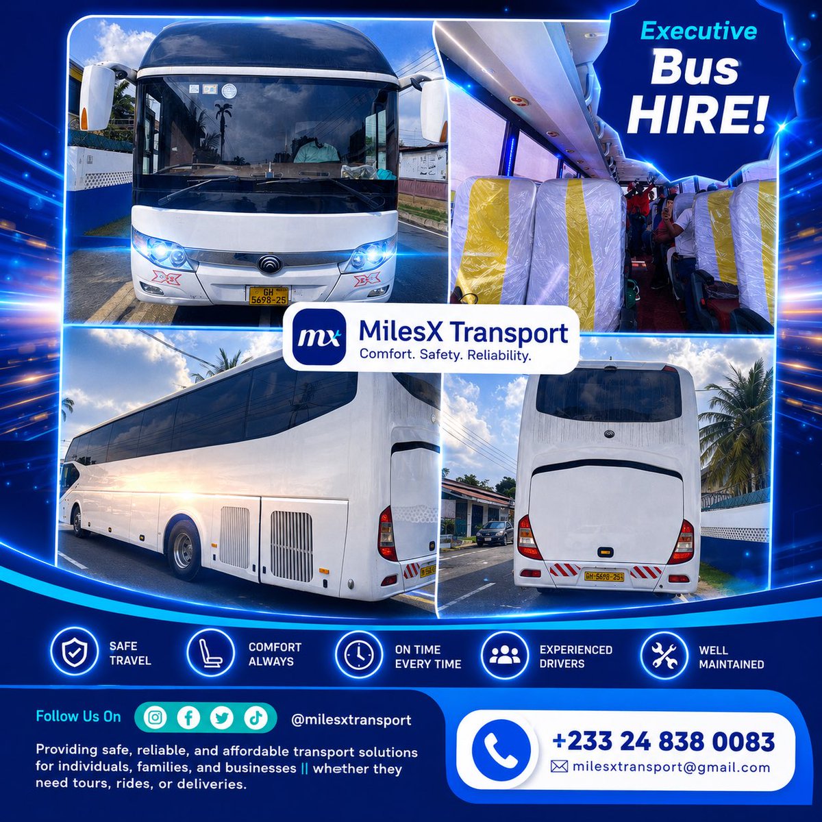 Milesxtransport's tweet photo. Travel in comfort, style, and confidence with MilesX Transport 💙🚌
Executive bus hire for tours, corporate trips, church programs, school outings, weddings, and group travel.

📞 Book with MilesX today
#MilesXTransport #ExecutiveBusHire https://t.co/QimHWROjuU