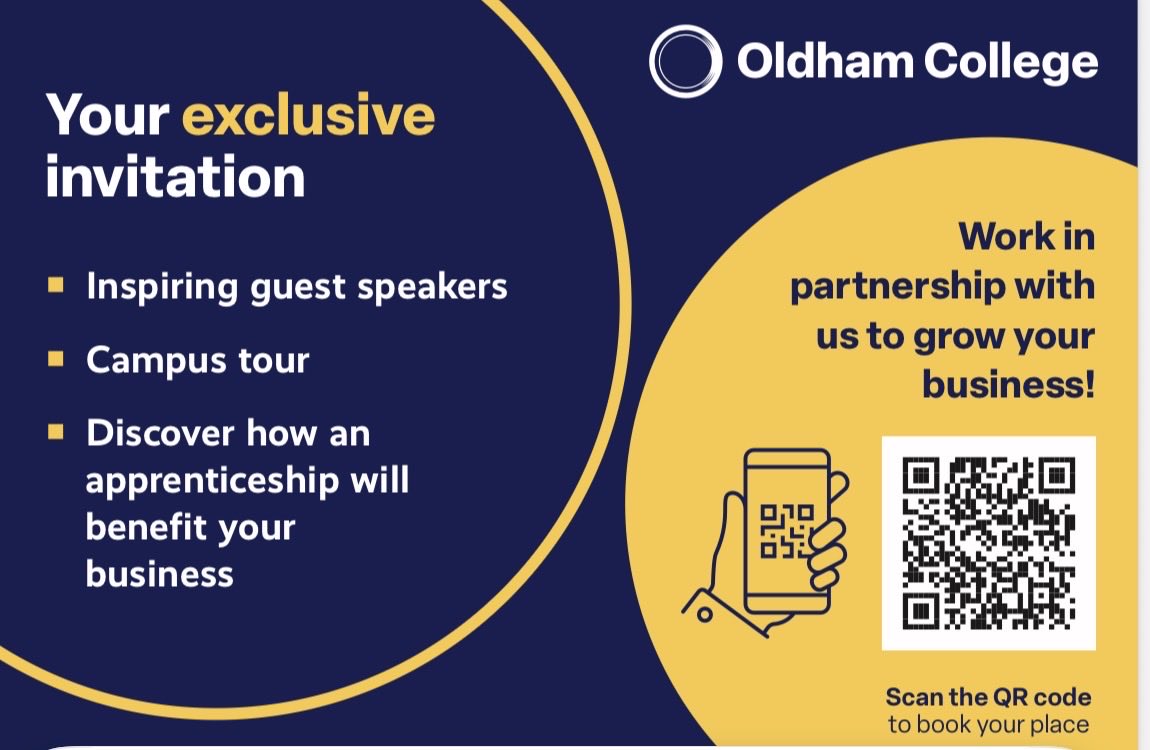 skchappers's tweet photo. Are you a local business and want to explore ways of working with Oldham College including the possibility of taking on an apprentice please join us at the event below https://t.co/pdM6VkOlP7 https://t.co/8Uko1JG365