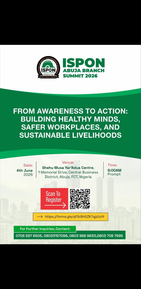 abbabello's tweet photo. Advancing safety in Nigeria.
🌍 Theme:
“From Awareness to Action: Building Healthy Minds, Safer Workplaces, and Sustainable Livelihoods.”
📅 Date: 4th June 2026
📍 Venue: Shehu Musa Yar’Adua Centre
👉 Register now: https://t.co/OUJXm2eRWg

#SafetyCulture #isponsummit #nigeria https://t.co/TAiuIsy6nZ