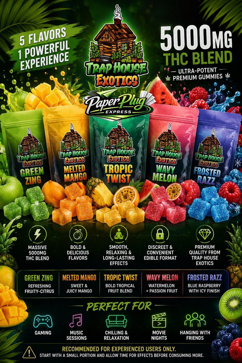 PaperPlugExpres's tweet photo. 🔥🍬 Tropical flavors. Heavy vibes.
Trap House Exotics Gummies bring bold fruit flavor & ultra-potent 5000mg energy for the ultimate chill session 😮‍💨💨
Which flavor are you picking first? 👀🛒👇
https://t.co/OpKxIIeq8l

#TrapHouseExotics #THCGummies #ExoticEdibles #420Kenya #HighVibes