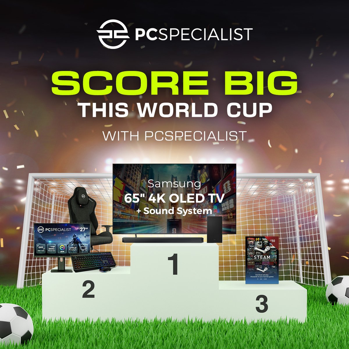 PCSpecialist's tweet photo. Celebrating the #WorldCup with PCSpecialist ⚽ 

Take your shot at a chance to WIN 1 of these 3 prizes! Order a custom PC or laptop between Wednesday 13th May and Friday 5th June to enter. T&amp;Cs apply* 

Find out more ➡️ https://t.co/S3umOmOYRf https://t.co/OWWf348ymo