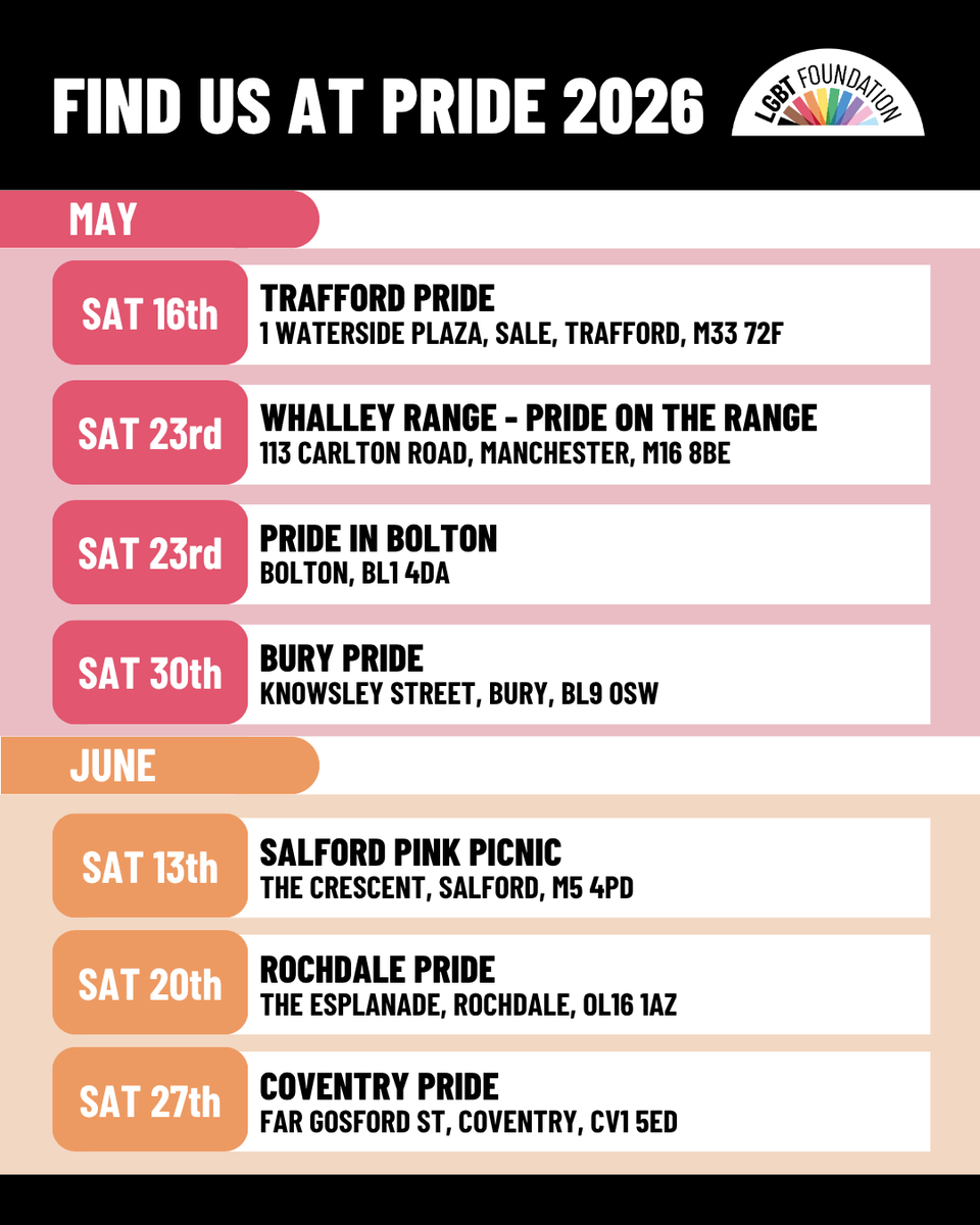 LGBTfdn's tweet photo. WHERE TO FIND US AT PRIDE 2026 🌈🎉✨
The countdown is officially on, so save the date and come see us at your local pride. 🥳
 
#Pride2026 #PrideMonth #LGBTQEvents #ManchesterPride2026 #LiverpoolPride2026 #ManchesterPride #LiverpoolPride https://t.co/qOZj3yjsu1