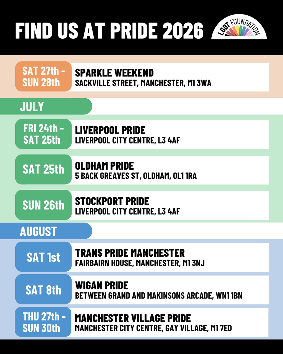 LGBTfdn's tweet photo. WHERE TO FIND US AT PRIDE 2026 🌈🎉✨
The countdown is officially on, so save the date and come see us at your local pride. 🥳
 
#Pride2026 #PrideMonth #LGBTQEvents #ManchesterPride2026 #LiverpoolPride2026 #ManchesterPride #LiverpoolPride https://t.co/qOZj3yjsu1