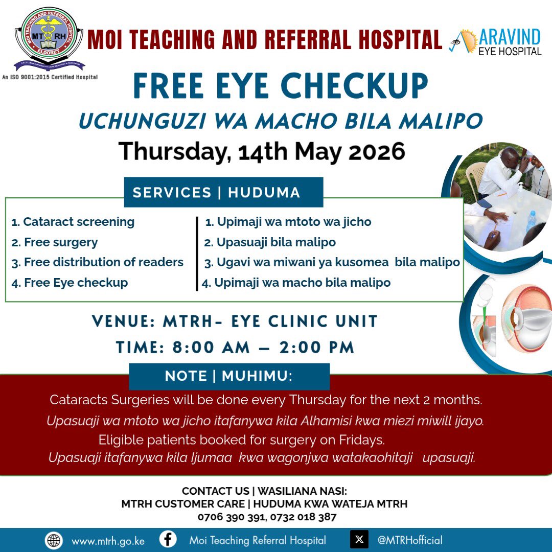 MTRHofficial's tweet photo. MTRH invites the public for Free Eye Checkup and Cataract Surgery on Thursday 14th May, 2026. https://t.co/fwb1SQSBFK