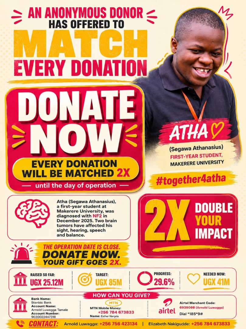 amblvlyf's tweet photo. An anonymous donor has pledged to match every donation 2X until the operation date, meaning every contribution can go twice as far.
If you are able to support or share this message, it could make a meaningful difference.
#Together4Atha #CommunitySupport #MakerereUniversity https://t.co/d850pv2jNO