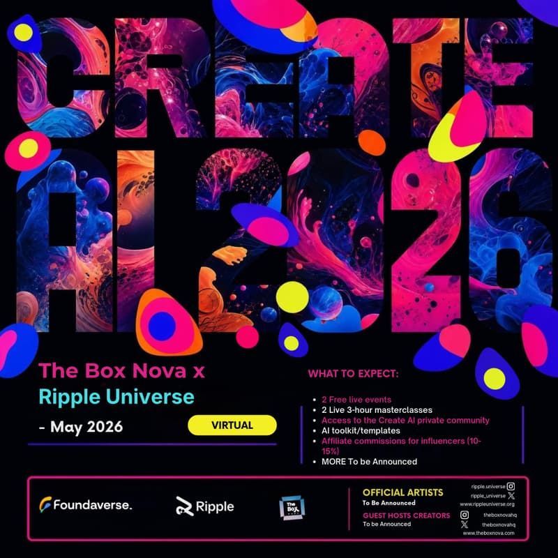 ripple_universe's tweet photo. What even is AI content creation? Introducing Create AI 🤖 We're collaborating with @theboxnovahq x @foundaversehq to teach 1500+ creators how to turn AI into actual income

→ 2 Free live events → 2 Masterclasses → Learn how to monetise. Register Now https://t.co/h4W6aKzGpP 👇 https://t.co/xzgHlQ1lri
