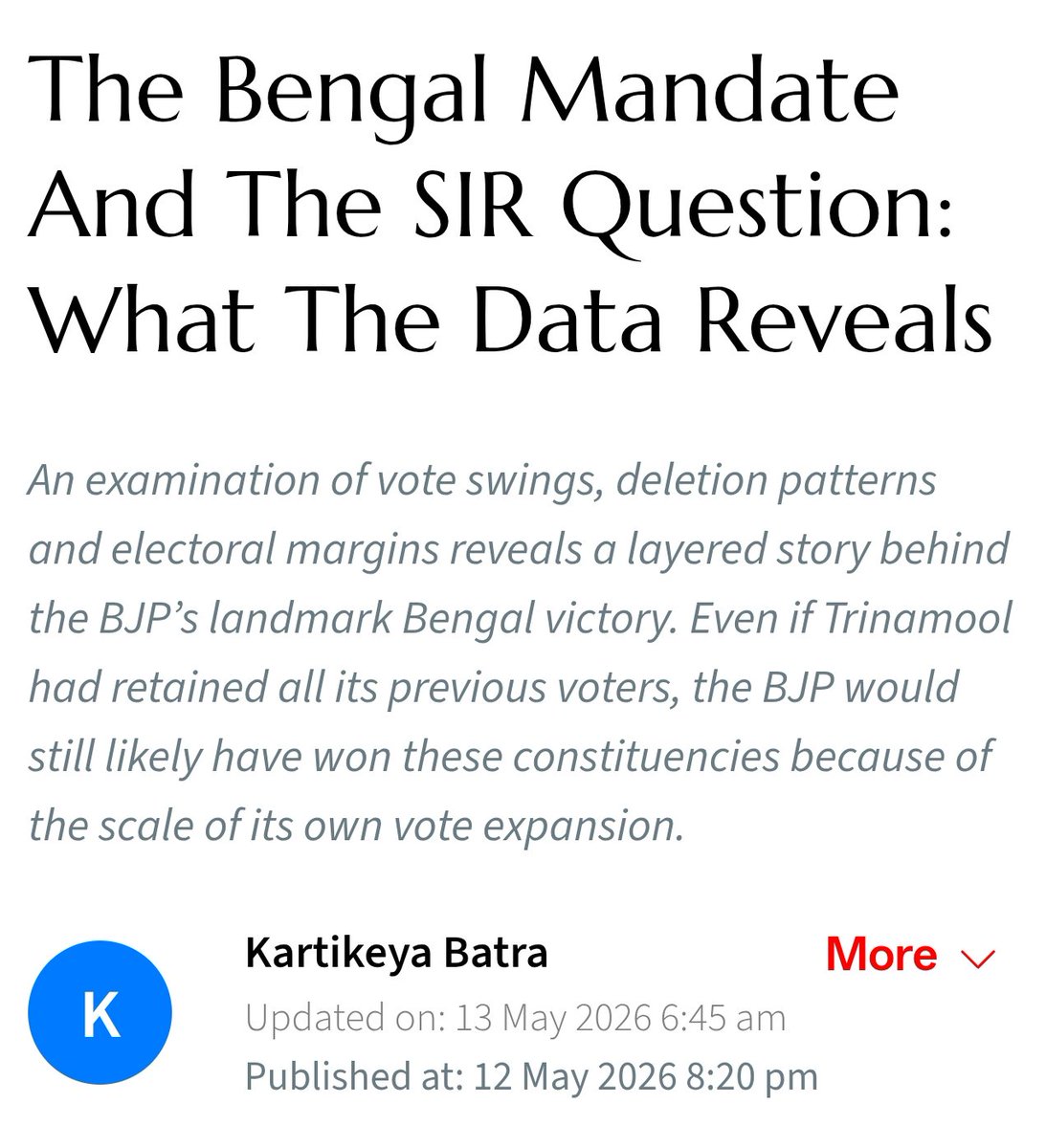 KartikeyaBatra's tweet photo. Did #SIR "deletions" swing #Bengal's election? What does a seat-wise analysis reveal? As per my analysis (which is based on certain assumptions), 31-33 seats are questionable. The action may, therefore, lie elsewhere. Read this piece co-authored with @mrinalinidhyani in @Outlookindia. https://t.co/7tU2oCKQvH @MilanV @rahul_tverma @YRDeshmukh @sanjay_election @neeraj