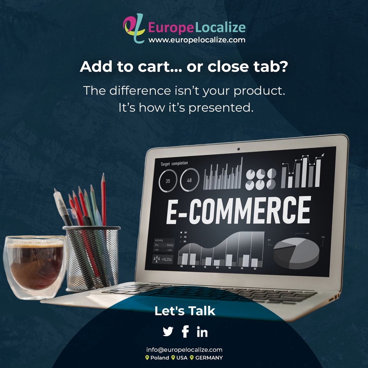 EuropeLocalize's tweet photo. “Add to cart” shouldn’t turn into “close tab.”
If your store doesn’t feel local, it doesn’t feel trustworthy. And trust is what drives conversions.
Hire Europe Localize for eCommerce translation services.
https://t.co/7KjSykEdNs

#EcommerceLocalization #ConversionRate #Ecommerce https://t.co/48JTXAH9It