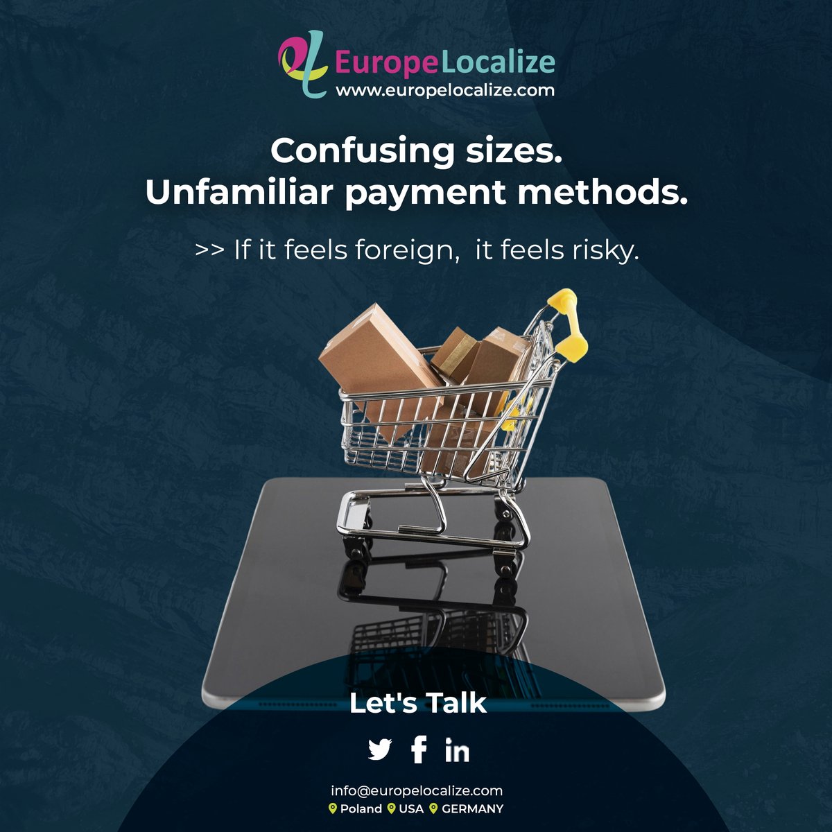 EuropeLocalize's tweet photo. “Add to cart” shouldn’t turn into “close tab.”
If your store doesn’t feel local, it doesn’t feel trustworthy. And trust is what drives conversions.
Hire Europe Localize for eCommerce translation services.
https://t.co/7KjSykEdNs

#EcommerceLocalization #ConversionRate #Ecommerce https://t.co/48JTXAH9It