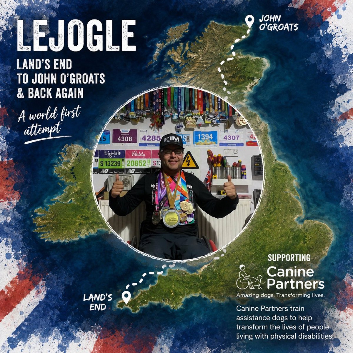 Kirsten5050's tweet photo. From marathon medals to a world first attempt. ♿️

Peter Smorthit is currently taking on LEJOGLE — Land’s End to John O’Groats and back again for charity.

Supporting @canine_partners

@the_mad_marathoner

#LEJOGLE #Endurance #SupportDogs https://t.co/w827PRUuej