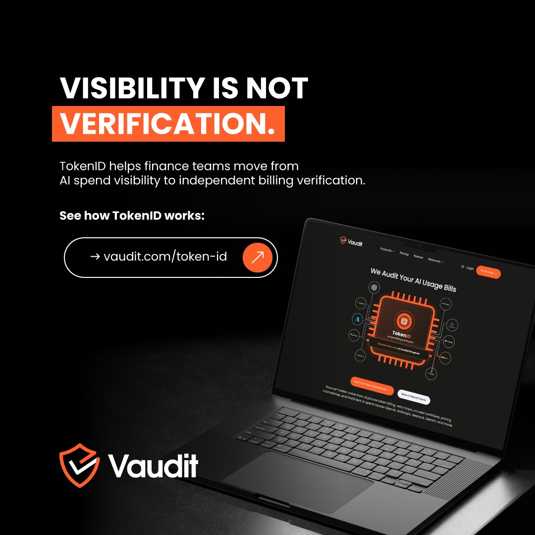VauditApp's tweet photo. 88% of organizations now use AI.

AI is now operational infrastructure.
Finance controls need to catch up.

AI dashboards show usage.
They do not verify billing.

Visibility is not verification.

TokenID → https://t.co/3HRW0K0dYa
#AISpend #EnterpriseAI #FinOps #FinancialControls https://t.co/93oyEmr1gT