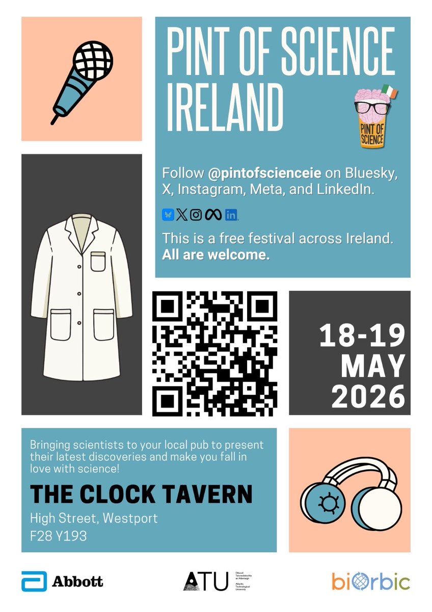 pintofscienceIE's tweet photo. 🚀 Westport #pint26 2026 – Get ready for an exciting lineup! 🚀

Join us 18-19 May 2026 every evening from 19!

🌍 The Clock Tavern, F28 Y198

🎟️ FREE tickets now: https://t.co/jclICog6x0

#pint26 #Westport2026 https://t.co/0tIbpID1oS