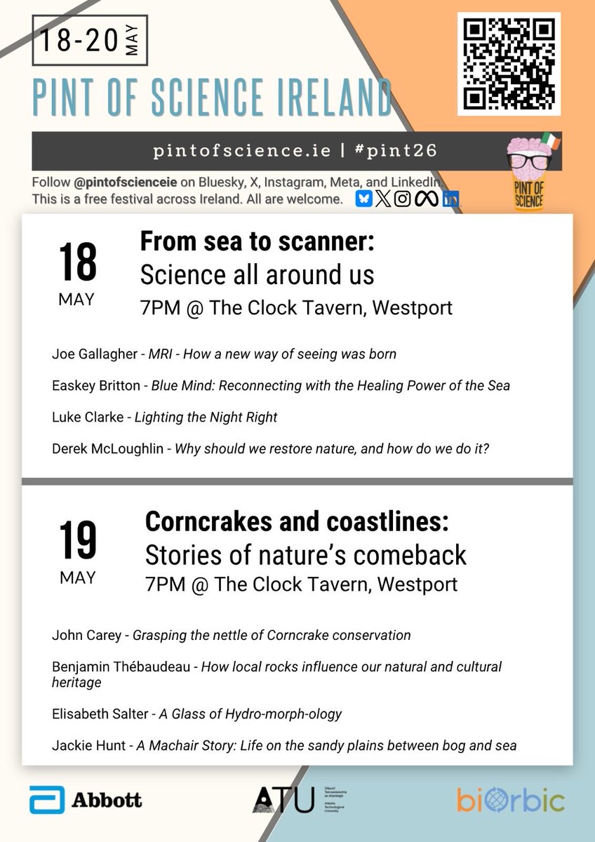 pintofscienceIE's tweet photo. 🚀 Westport #pint26 2026 – Get ready for an exciting lineup! 🚀

Join us 18-19 May 2026 every evening from 19!

🌍 The Clock Tavern, F28 Y198

🎟️ FREE tickets now: https://t.co/jclICog6x0

#pint26 #Westport2026 https://t.co/0tIbpID1oS