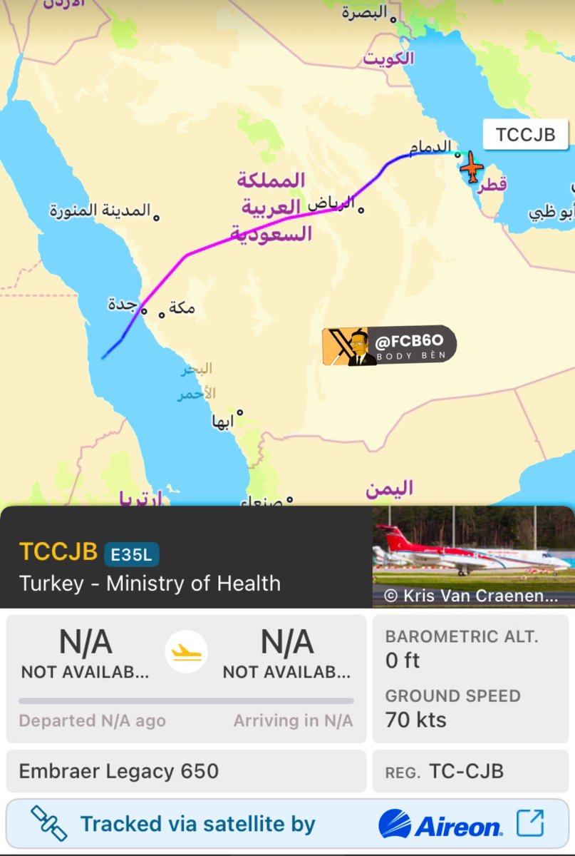 FCB6O's tweet photo. 🟢 طائرة خاصة من طراز Embraer Legacy 650 (رقم التسجيل: TC-CJB)،و التابعة للحكومة التركية 🇹🇷 ؛ أقلعت من مطار بورتسودان الدولي 🇸🇩،و هبطت قبل قليل في مطار الصخير الدولي 🇧🇭.

🔹الطائرة تُقل رئيس مجلس السيادة السوداني، الفريق أول ركن عبدالفتاح البرهان في زيارة رسمية لـدولة البحرين 🇧🇭. https://t.co/y2Fge0Gku8