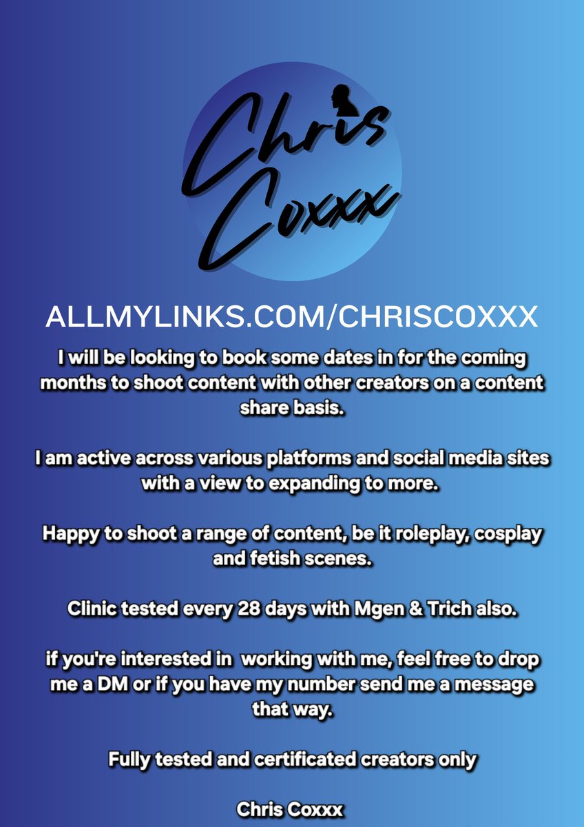 Chris_Coxxx3's tweet photo. 📸🎥📸🎥📸🎥📸🎥📸🎥📸🎥📸
If there are any creators that are interested.

Also.. if my followers/fans would like to see me working with someone in particular please do feel free to tag them and who knows maybe it'll happen 😊 https://t.co/FuweQNLuOl