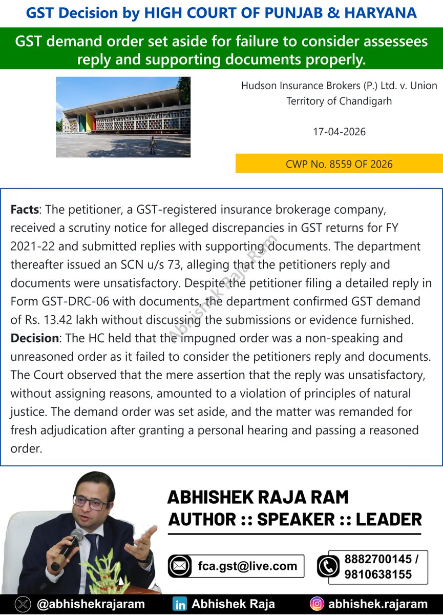 abhishekrajaram's tweet photo. Punjab & Haryana High Court set aside GST demand order for ignoring taxpayerโs detailed reply and supporting documents. Court held non-speaking orders violate natural justice and directed fresh adjudication with proper hearing.
#GST #NaturalJustice #GSTLitigation https://t.co/tsLEWASAV8