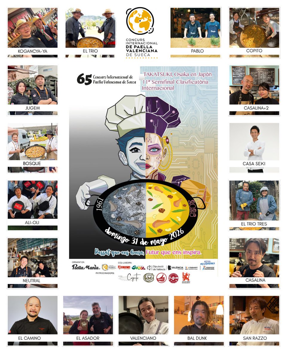 ConcursoPaella's tweet photo. 🥘 El pròxim 31 de maig, Takatsuki (Osaka, Japó 🇯🇵) serà l’escenari de l’11a Semifinal Classificatòria Internacional del Concurs Internacional de Paella Valenciana de Sueca!

🏆 17 restaurants lluitaran per aconseguir el seu lloc en la gran final del 13 de setembre a Sueca. https://t.co/YPh2kLhr66