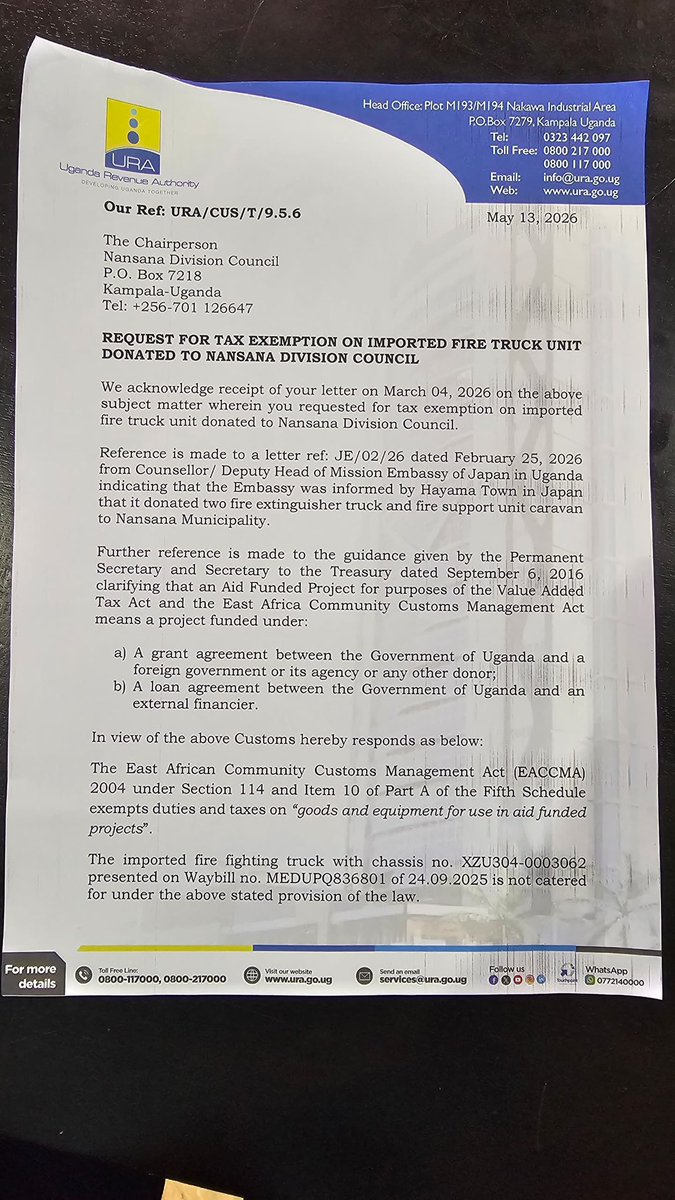 MayorMatovu's tweet photo. @URAuganda I'm appalled by URA's decision to tax a donated fire truck, despite meeting all requirements, including @JapanEmb_Uganda endorsement. Three months of bureaucratic runaround is unacceptable. This isn't just about revenue; it's about prioritizing money over people. https://t.co/cej46GpIsS