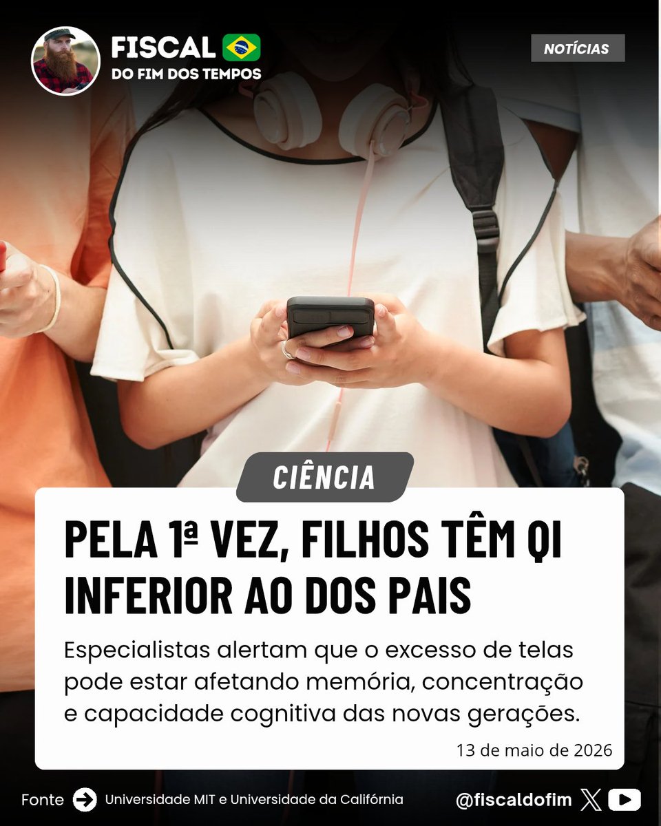 fiscaldofim's tweet photo. Especialistas alertam que, pela primeira vez, filhos podem apresentar QI inferior ao dos pais, devido à redução da leitura, concentração e estímulos intelectuais mais profundos. 

Leia mais no post abaixo ⬇️ https://t.co/J3iR4T3pME