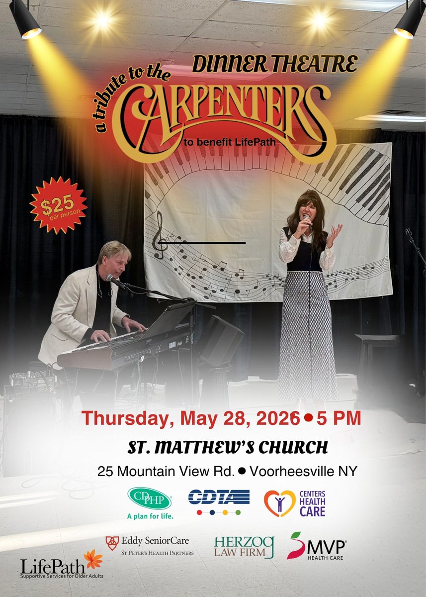 LifePathNY's tweet photo. 🎶 An evening of music is coming to St. Matthew's Church

On May 28 at 5 p.m. join us for a Dinner Theatre event featuring a tribute to The Carpenters. 

Get your ticket today, by visiting  https://t.co/cuN0CVHSX1 or by calling 518-465-3322 x 104 https://t.co/KTfZTdb0U2