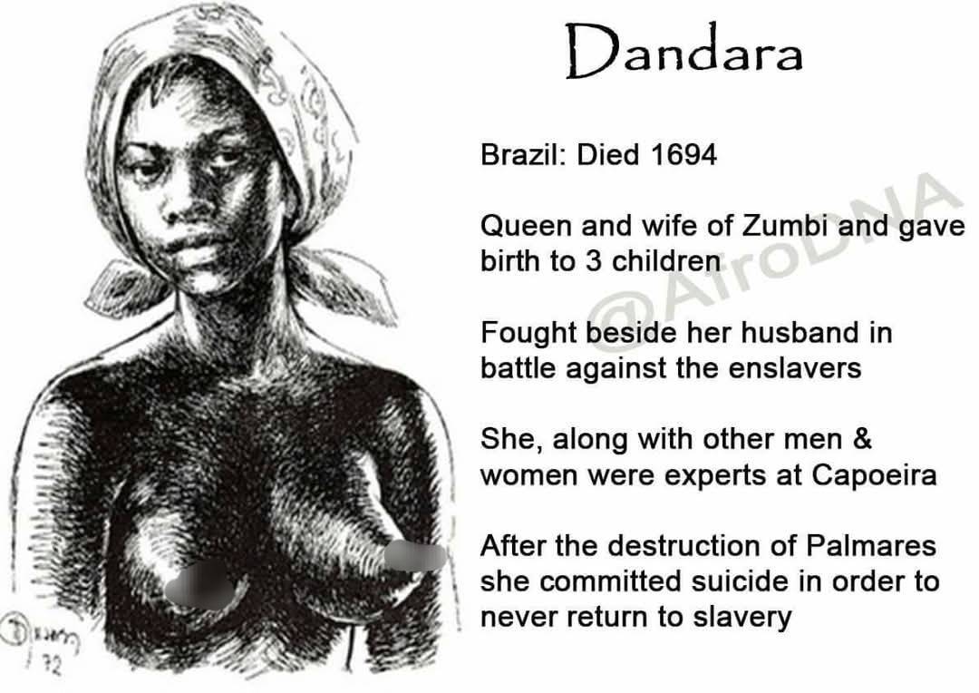 BlkHistStudies's tweet photo. Dandara was an African warrior from the colonial period of Brazil, wife of Zumbi dos Palmares and with him had three children. She committed suicide after she was recaptured on 6 February 1694, in order not to be reenslaved. #zumbi #dandara #palmares #brazil #africanholocaust https://t.co/ipsUEhuCBd