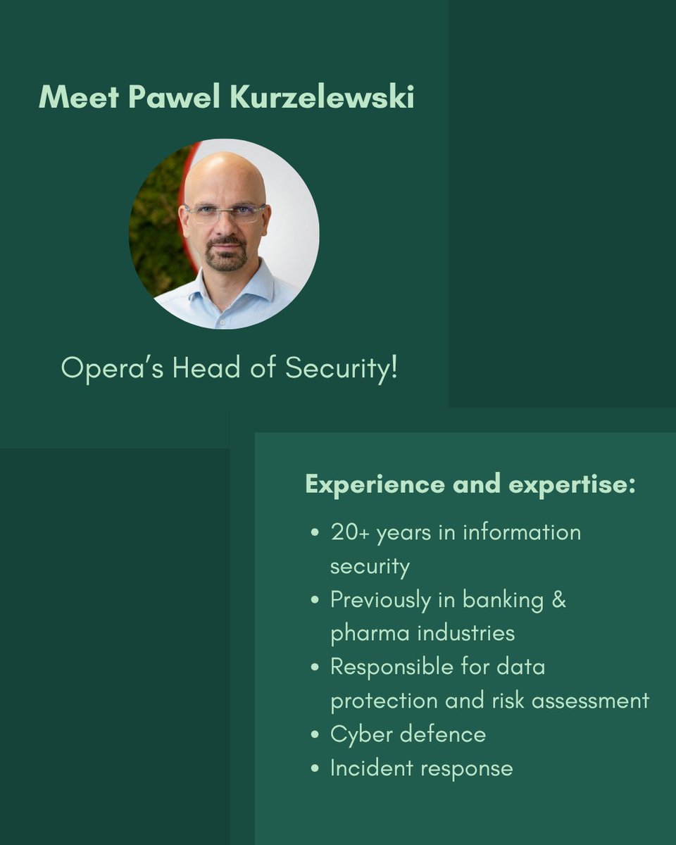 Opera_Security's tweet photo. From AI-powered threats to quantum computing, security is evolving fast.

Here are a few highlights from our conversation with Pawel Kurzelewski - Opera’s Head of Security.

Read the full blog post for more insights 👀
https://t.co/yrXI5ppg4r https://t.co/Qb7RRVkhZl