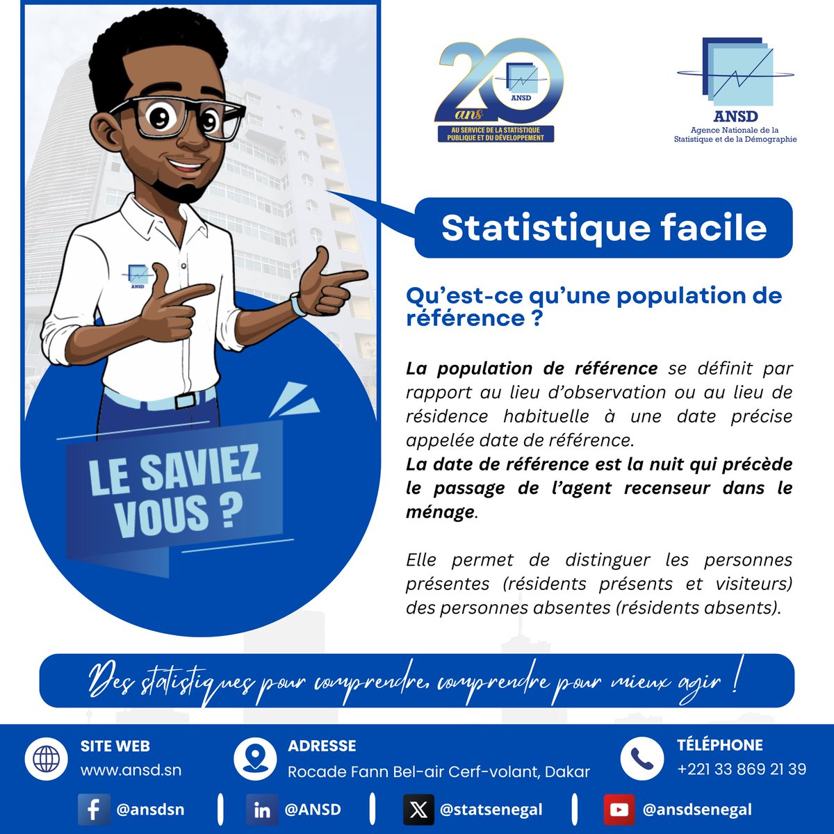 statsenegal's tweet photo. La “population de référence” désigne les personnes prises en compte lors d’un recensement à une date précise. Elle permet de distinguer résidents présents, visiteurs et absents.
 
Découvrez la définition complète sur le visuel et dites-nous en commentaire quel est le prochain mot statistique que vous souhaitez voir expliqué dans la rubrique ?
#ANSD #MEPC #PopulationDeRéférence #Sénégal 
#Statistiques #Sénégal #DonnéesFiables #Recensement